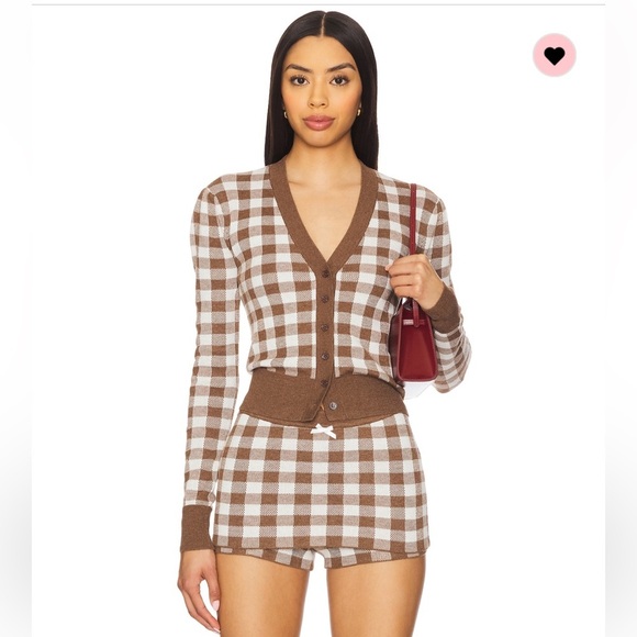 For Love And Lemons Gingham Knit Cardigan in Brown - Picture 1 of 5